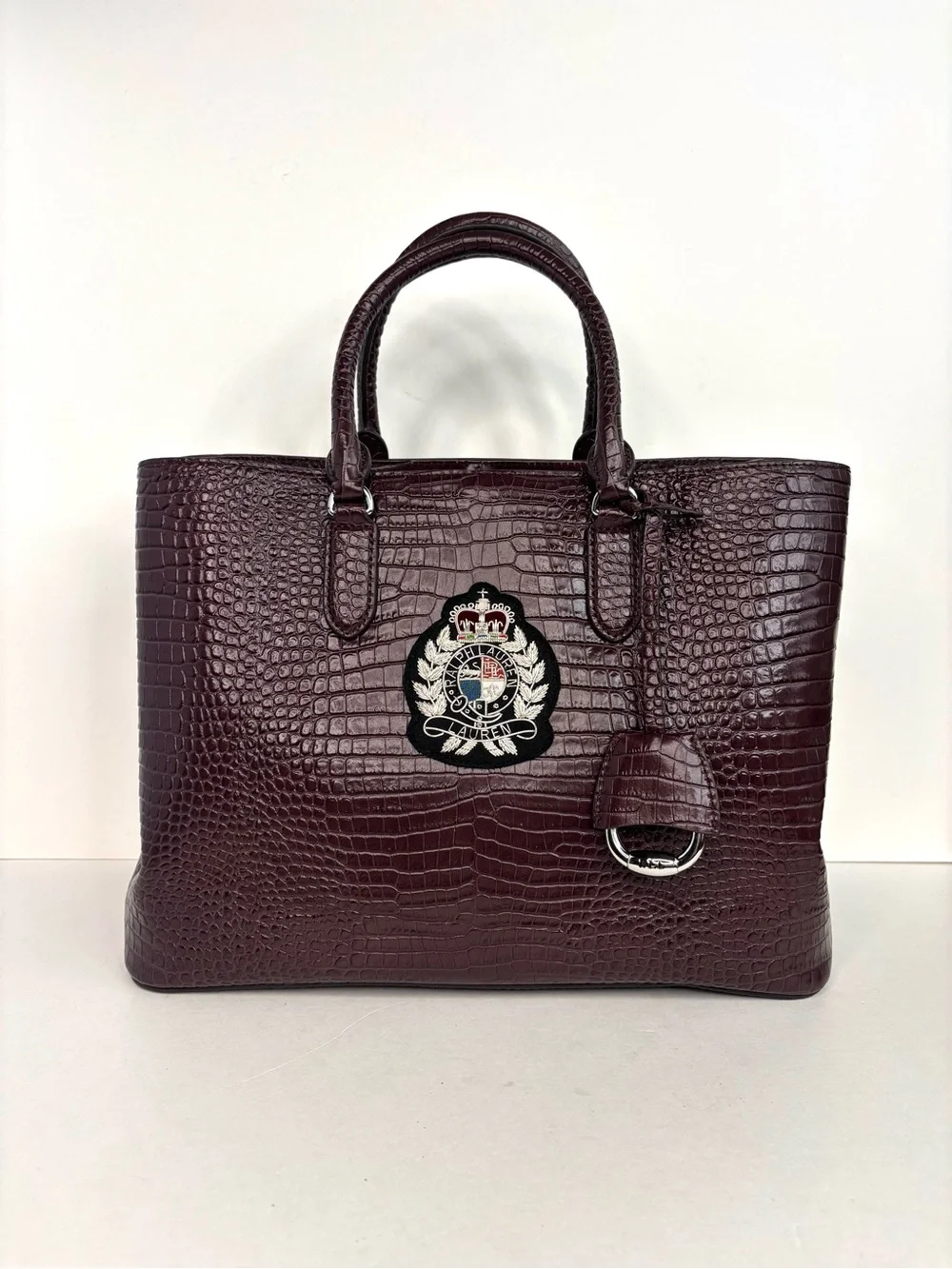 Ralph‎ Lauren Bullion Large Marcy Satchel Croc-Embossed Mahogany Leather Bag